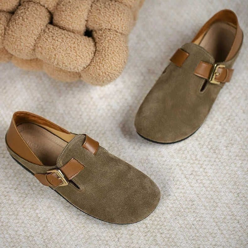 Women's Retro Buckle Suede-Look Slingback Flats