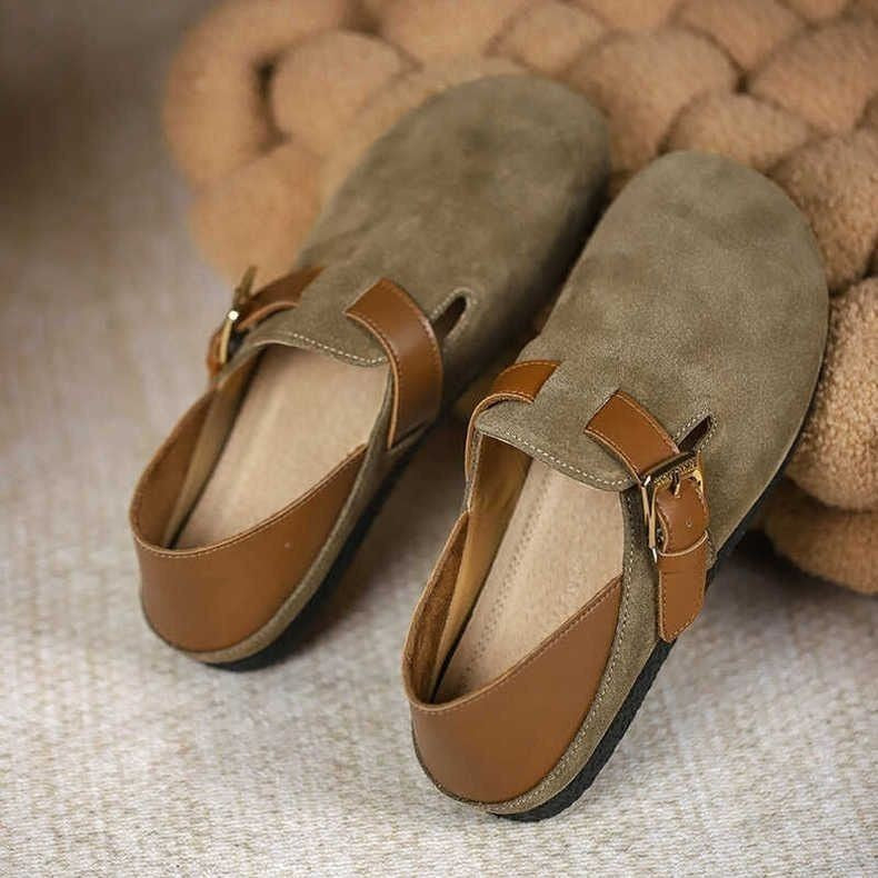 Women's Retro Buckle Suede-Look Slingback Flats